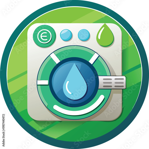 Eco-Friendly Washing Machine with Water Droplet Icon for Water Conservation Strategies Isolated on Transparent Background and Eco-Conscious Environmental Awareness Content