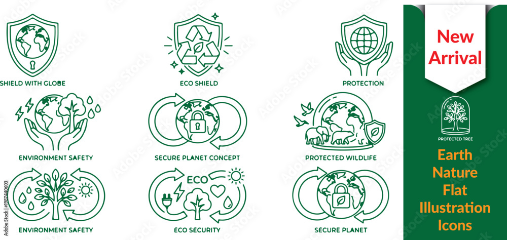 Fototapeta premium Earth Protection Line Icons – Save Planet Shield Set