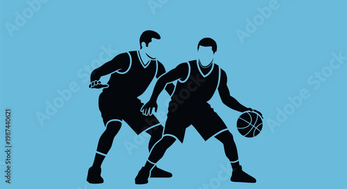 Two basketball players in action dribbling and defending on the court.