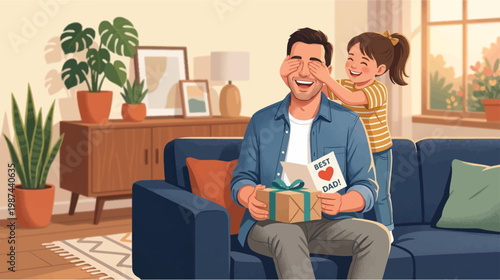 Man receives gifts and valentine's day card from woman in living room with plants