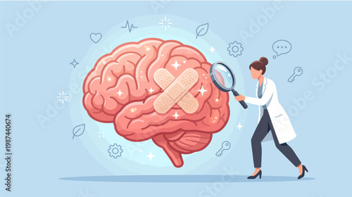 Female scientist examining a large pink brain with a band aid and magnifying glass on a light blue background
