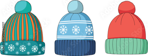 Winter Knit Beanie Hat Collection with Warm Wool Caps and Patterned Pom Pom Hats Set for Cold Weather Fashion, Seasonal Accessories, and Apparel Design