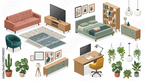 Isometric furniture and home decor collection including sofa bed desk chair plants and lighting fixtures on white background for interior design and organization concepts
