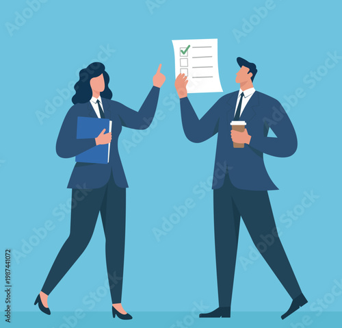 Tableau sur toile Flat vector illustration of a businessman and businesswoman discussing a project