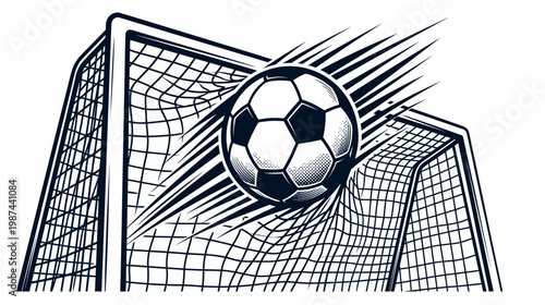 Soccer ball flying into goal net with motion lines scoring a goal in a dynamic action shot with black and white colors