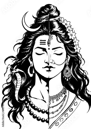 Shiv & Parvati, Ardhnaarishvar, Vector, Illustration, Hindu Bhagwan, Sanatani God	