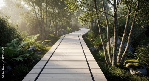 “A stylish modern forest scene with a wooden hiking pathway or boardwalk, surrounded by lush greenery, soft lighting, minimal and elegant nature aesthetic”
