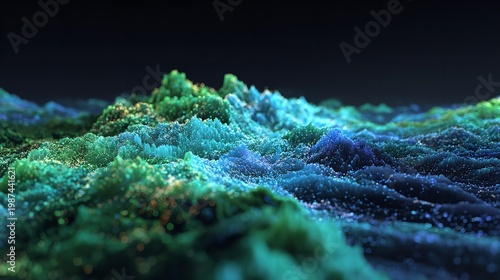 A black backdrop highlights the green fractal pattern and blue motion of a fern-like coral reef structure, blending nature and biology into a bioluminescent nanotechnology concept rendering