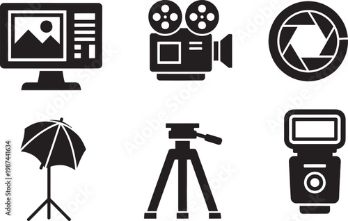 Photography and videography icon set including camera, tripod, studio lighting, flash, aperture and media editing elements. Black silhouette vector icons isolated on white background.