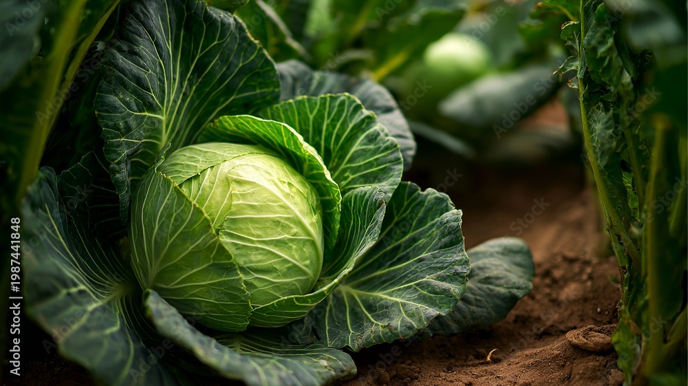 Obraz premium A vibrant green cabbage grows in a garden surrounded by lush leaves and soil