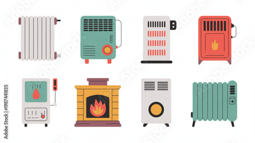 Home Heating Appliance Icon Set – Radiator, Heater and Warm Air Device Vector Flat Illustration Collection