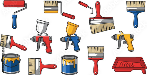 Paint tools and decorating equipment vector illustration set including brushes rollers spray guns buckets tray home renovation collection isolated