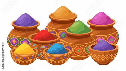 Holi Gulal Powder Pot Vector Set – Colorful Clay Pots with Festival Dye Cartoon Collection