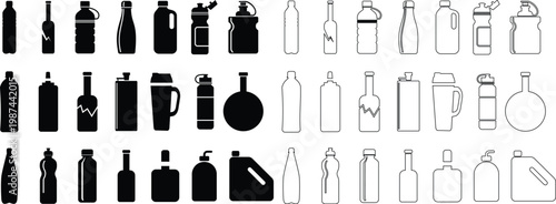 Water bottle icon set collection drink bottle flask thermos canteen container vector pack, beverage hydration plastic reusable icons, flat and line style black icons isolated on transparent background