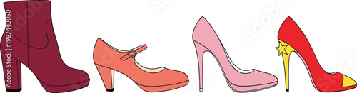 Women’s High Heel Shoes Collection Featuring Boots, Strap Pumps, Stiletto Heels, and Fashion Footwear in Flat Vector Illustration Style