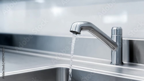 Flowing Water: Capturing a pristine, minimalist aesthetic, a modern faucet pours a stream of fresh, clear water into a stainless steel sink, highlighting the beauty of everyday functionality.
