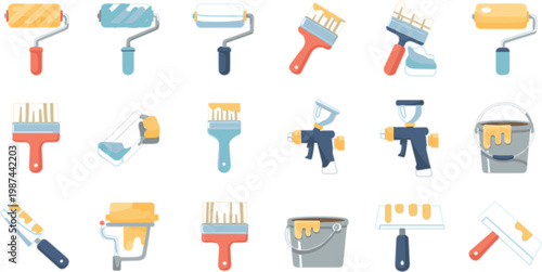 Painting tools flat icons set vector illustration rollers brushes spray gun bucket home renovation equipment colorful decorator collection isolated