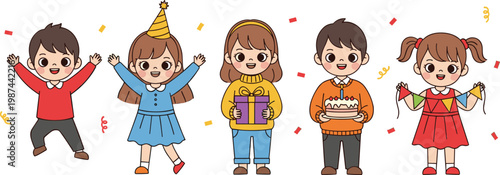 Cute Cartoon Kids Birthday Party Celebration Set with Children Holding Cake Gift Confetti and Party Hat Elements