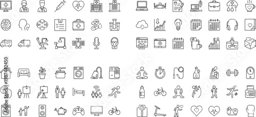 Mega collection of minimalist lifestyle and professional line icons featuring medical care office work home activities and fitness scenes vector.