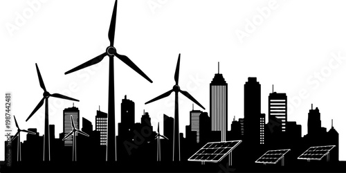 Windmills and solar panels on city skyline, renewable energy concept.