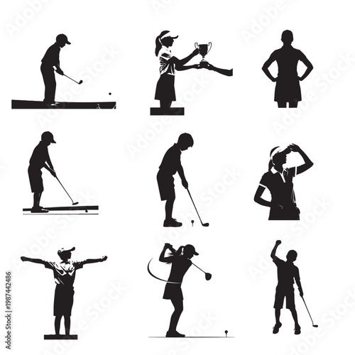 Black silhouettes of golfers in various poses on white background