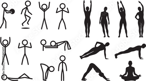 Black silhouette collection of stick figures and people performing yoga poses stretching and core exercises for fitness wellness and healthy lifestyle concept