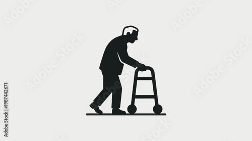 A simple flat vector icon of an elderly person walking with a walker.