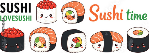 Cute Kawaii Sushi Vector Set Featuring Salmon Nigiri Maki Rolls and Gunkan with Happy Faces for Japanese Food Restaurant Menus and Stickers