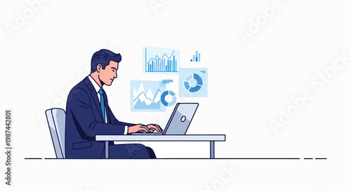 A businessman in a blue suit sits at a desk working on a laptop with graphs and charts floating above on a white background.
