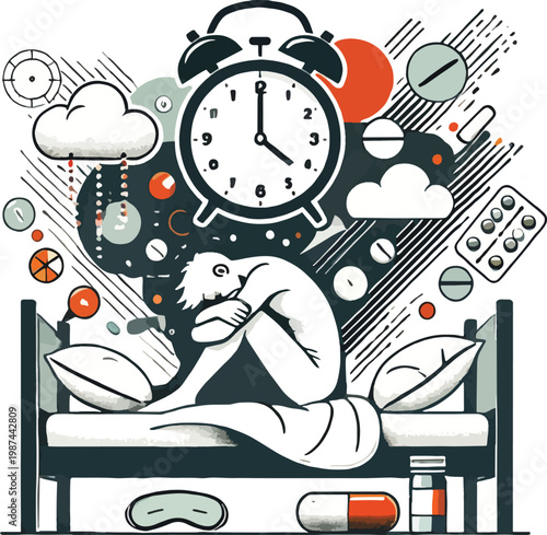 Person in bed with alarm clock and pills insomnia sleep