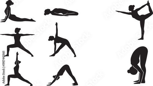 Collection of female yoga silhouettes featuring various poses like downward dog warrior triangle cobra and dancer pose for health wellness and meditation concept