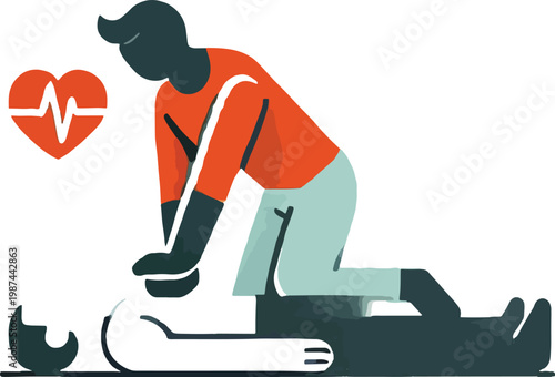 Person Performing CPR on Another Person with Heartbeat Icon