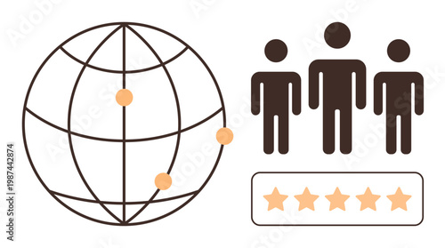 Business success, customer satisfaction, online reviews, global networking, reputation management. Simple globe with connecting points, three people icons, and a five-star rating. Customer