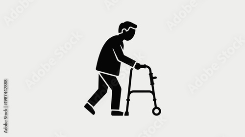 A simple flat vector icon of an elderly person walking with a walker.