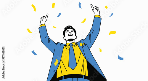 A cartoon businessman in a blue suit and yellow shirt celebrates with arms raised amidst colorful confetti against a white background.