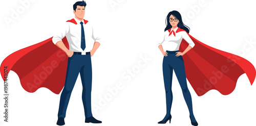 Professional Business Superheroes Vector Set Featuring Successful Man and Woman in Office Attire Wearing Red Capes to Represent Leadership Power and Achievement