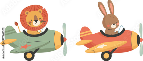 Cute Cartoon Lion and Bunny Rabbit Flying Airplane Pilot Character Set with Colorful Aircraft and Adventure Elements
