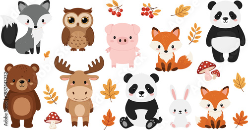 Cute forest animals vector set with bear fox panda rabbit owl pig deer cartoon characters autumn leaves illustration