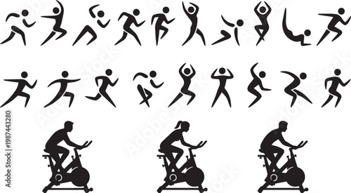 Large collection of black silhouettes featuring people running jumping and stationary cycling on exercise bikes for fitness gym and active cardio lifestyle