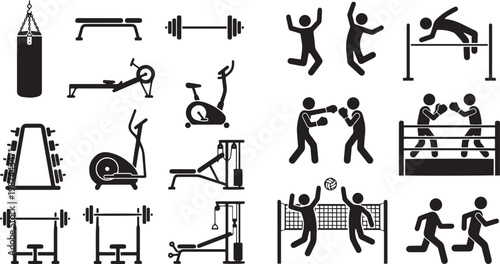 Large Stick Figure Silhouette Collection Featuring Gym Equipment Boxing Volleyball High Jump Running and Weightlifting Machines for Professional Fitness Training and Sports Marketing