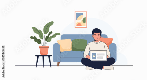 A businessman sits cross-legged on the floor with a laptop on his lap, in a living room with a blue couch and a potted plant, conveying a relaxed and casual mood with a minimalist