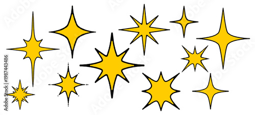 Big Collection of 11 Yellow Sparkling Four Point Star Icons for Creative Cosmic Layouts and Minimalist Decorative Magic Set Vector