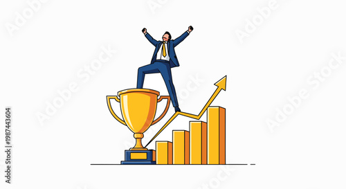 A triumphant businessman standing on a trophy and a rising bar graph with arms raised in a minimalist, flat illustration with warm colors.