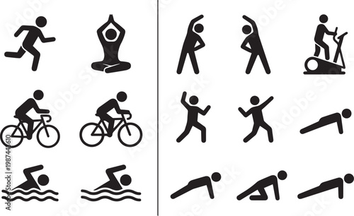 Large Stick Figure Silhouette Collection Featuring Running Cycling Swimming Yoga Stretching Elliptical Training And Pushup Poses For Professional Fitness And Cardio Sports Marketing
