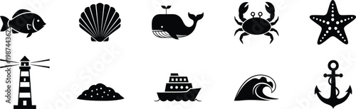 Set of black nautical and marine life icons featuring sea creatures lighthouse and anchor