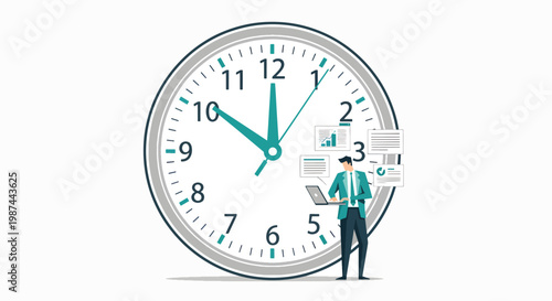 A businessman in a teal shirt and dark pants stands beside a large clock with a laptop, against a plain white background with a sense of urgency and productivity.