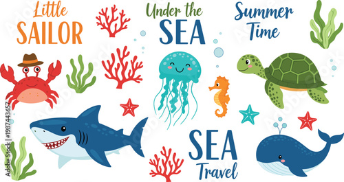 Little Sailor Under The Sea Summer Ocean Set with Shark Crab Jellyfish Turtle Whale Seahorse and Coral Elements