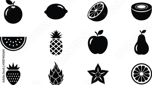 Set of twelve minimalist black fruit icons on a white background for graphic design projects.
