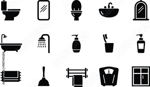 Collection of bathroom and personal hygiene icons in black and white silhouette style.