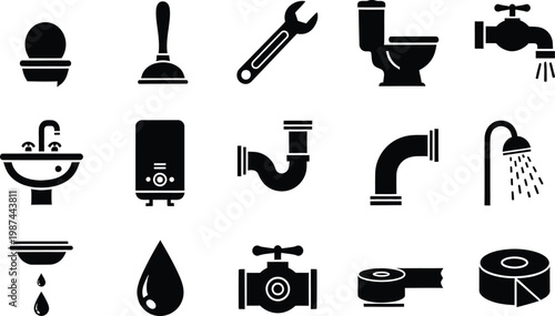 Collection of black plumbing icons including tools, fixtures, and pipes on a white background